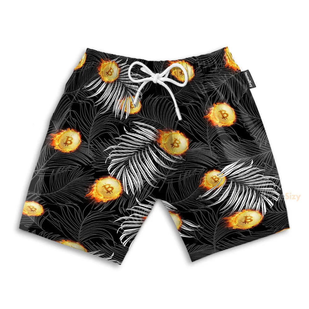 Bitcoin Flame And Tropical Pattern - Hawaiian Shirt & Beach Shorts