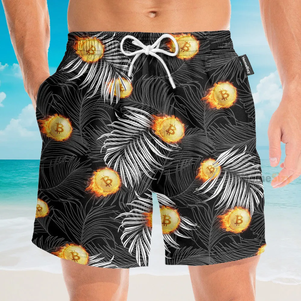 Bitcoin Flame And Tropical Pattern - Hawaiian Shirt & Beach Shorts