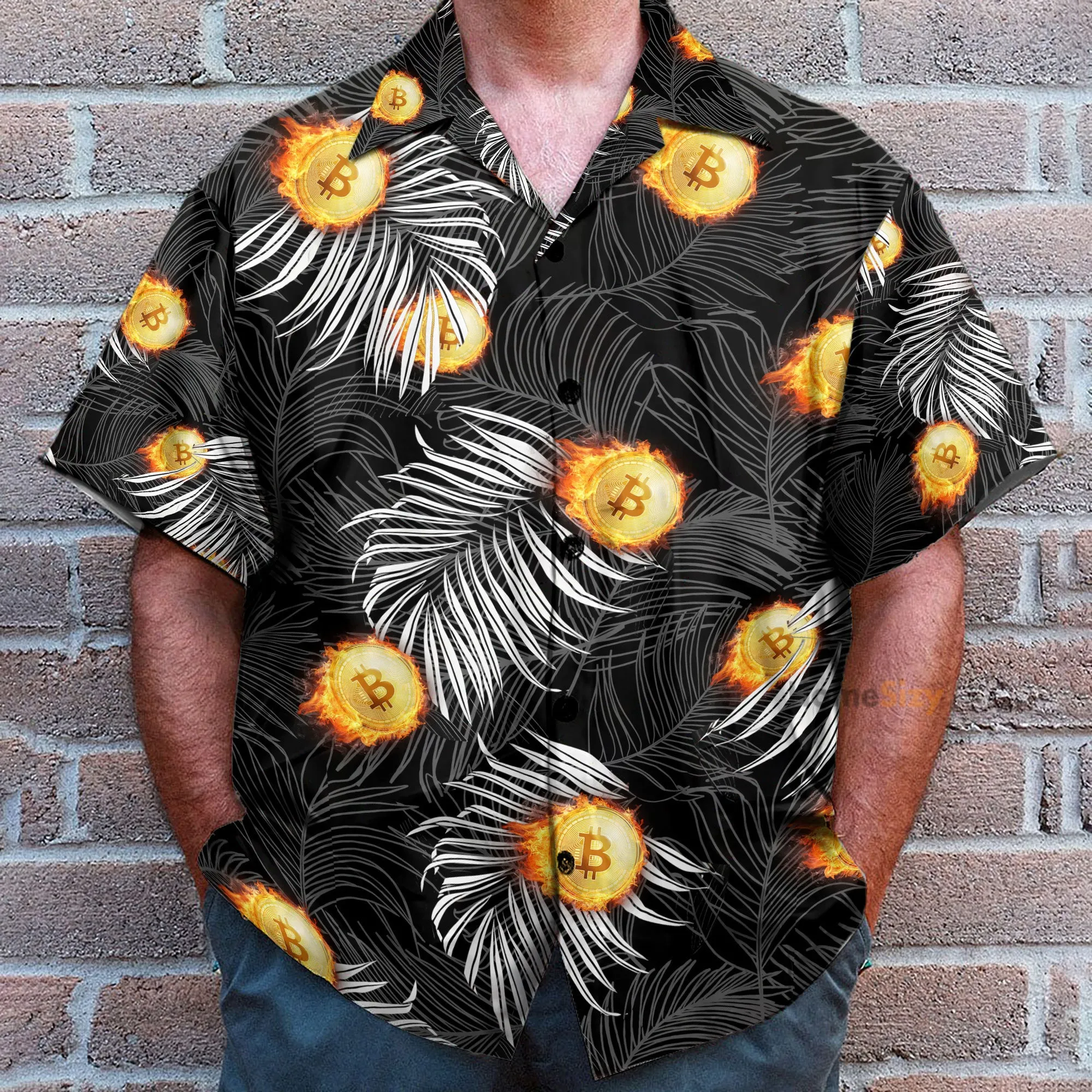 Bitcoin Flame And Tropical Pattern - Hawaiian Shirt & Beach Shorts