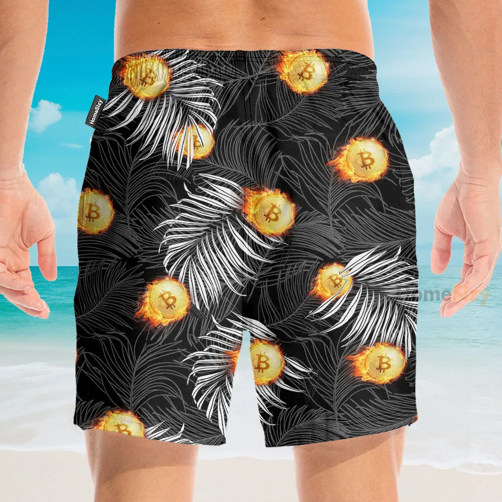 Bitcoin Flame And Tropical Pattern - Hawaiian Shirt & Beach Shorts