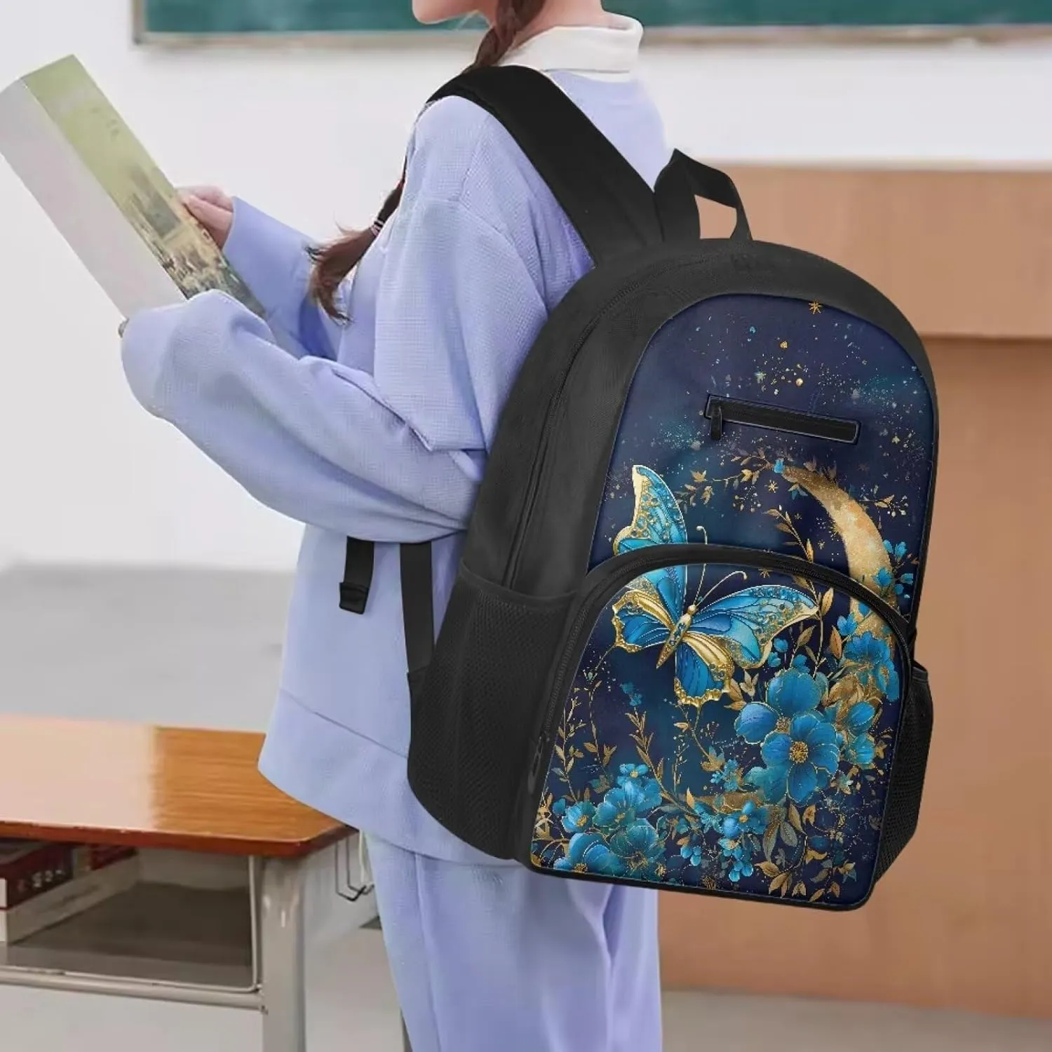 Blue Butterfly Backpacks for School Girls Stylsih Floral Elementary Preschool Bookbag Back Packs Back to School Supplies Gift for Junior Girls Mochila Para NiñAs