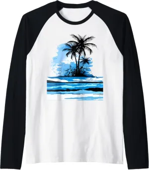 Blue Tones Tropical Beach Raglan Baseball Tee