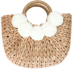Boho Chic Straw Bag with Pom Poms Hand-Woven Sound Handle Purse Summer Beach Bag for Women