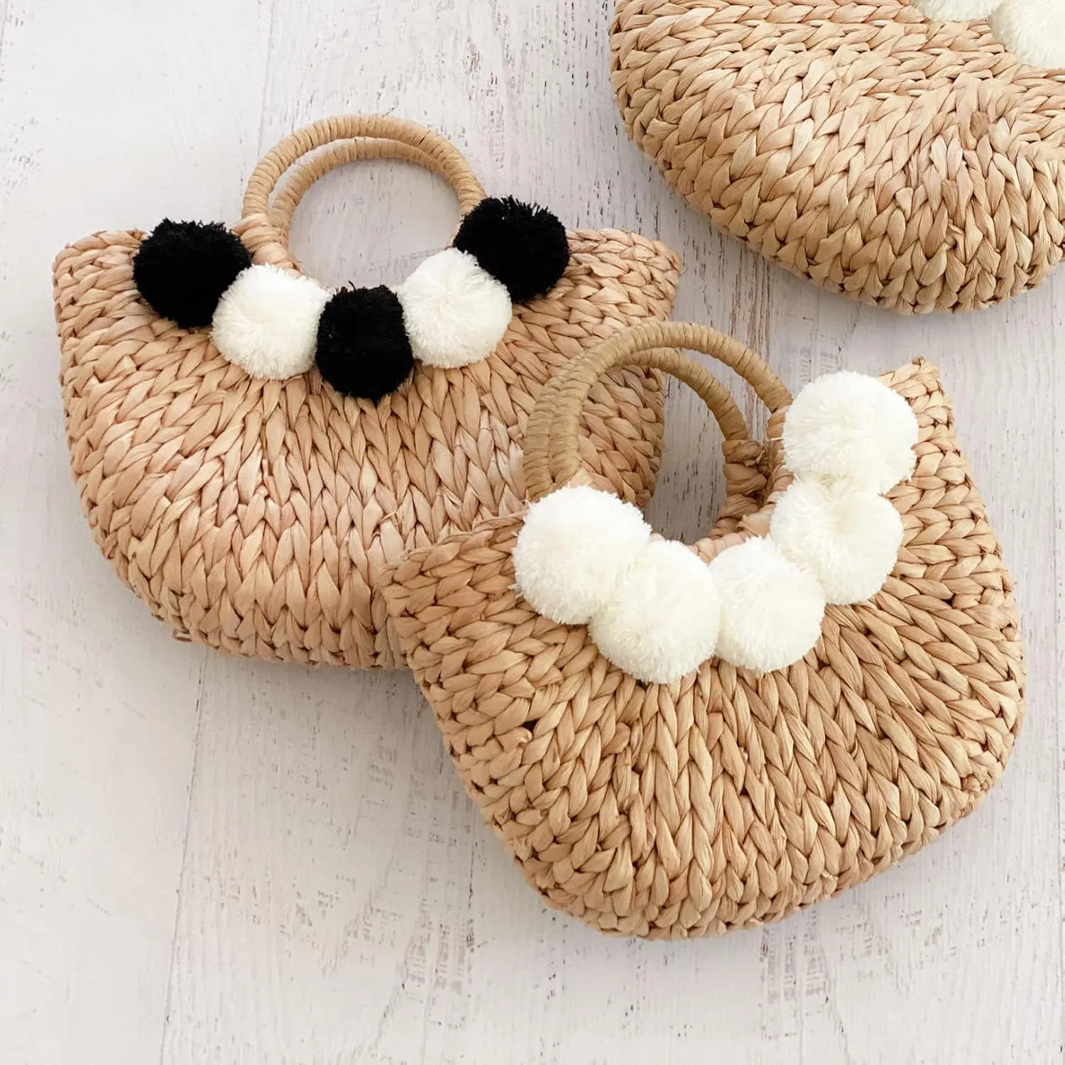 Boho Chic Straw Bag with Pom Poms Hand-Woven Sound Handle Purse Summer Beach Bag for Women