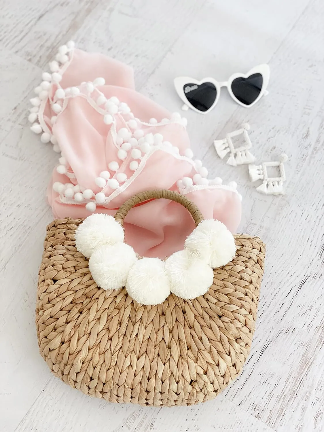 Boho Chic Straw Bag with Pom Poms Hand-Woven Sound Handle Purse Summer Beach Bag for Women