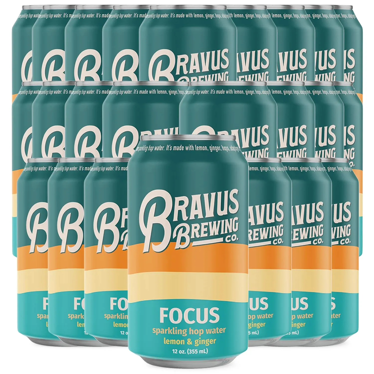 Bravus Focus 24 Pack - Non - Alcoholic Sparkling Hop Water with Organic Ingredients - 5 Calo- ries, 0 Sugar - Lemon & Ginger Flavor - Crafted with Amarillo & Citra Hops, Adaptogens, Nootropics - 12 oz Can