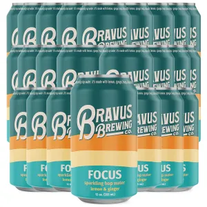 Bravus Focus 24 Pack - Non - Alcoholic Sparkling Hop Water with Organic Ingredients - 5 Calo- ries, 0 Sugar - Lemon & Ginger Flavor - Crafted with Amarillo & Citra Hops, Adaptogens, Nootropics - 12 oz Can