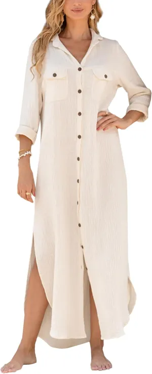 Breezy Lane Beach Cover Up for Women Long Cotton Shirt Dress Swimsuit Coverup for Vacation