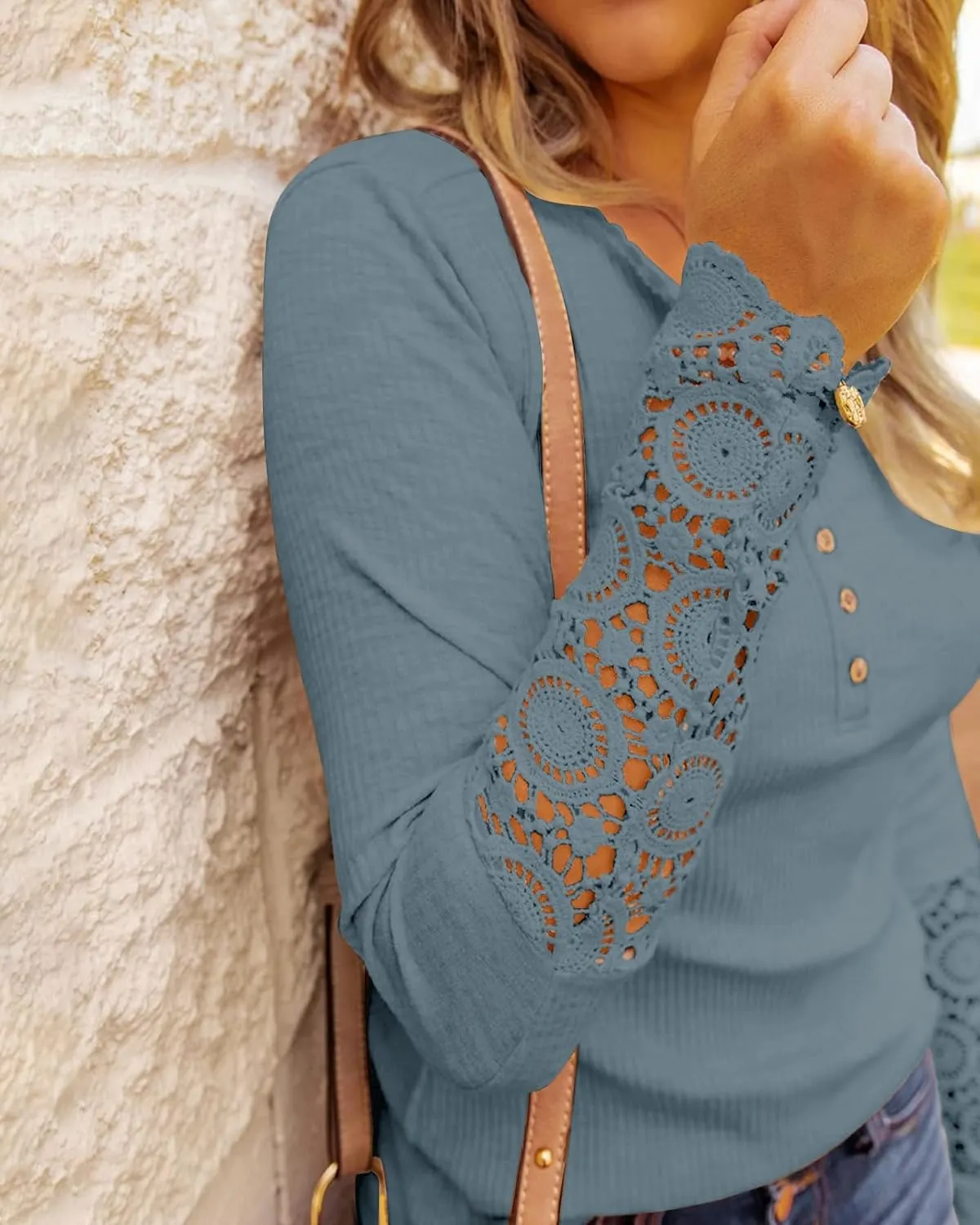 BTFBM Women Long Sleeve Shirts Solid Button V Neck Lace Sleeves Slim Fit Casual Fall Shirts 2025