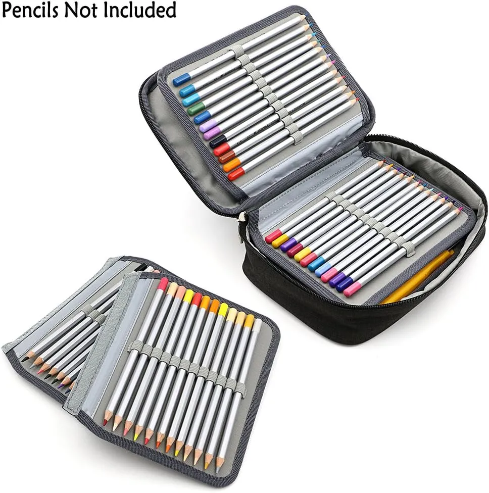 BTSKY Big Capacity Zipper Stationery Bag with Pattern-Multi-functional Stationery Organizer Pouch 36 Large Stretchy Slots for 72 Colored Pencils Black