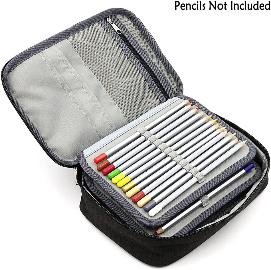 BTSKY Big Capacity Zipper Stationery Bag with Pattern-Multi-functional Stationery Organizer Pouch 36 Large Stretchy Slots for 72 Colored Pencils Black