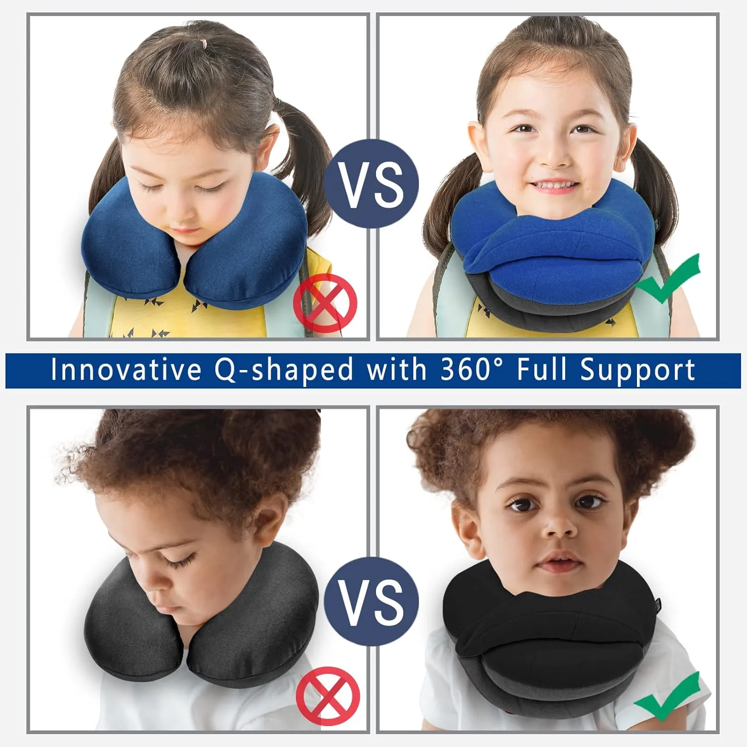 BUYUE Kids Travel Pillows for Airplane, 360° Head Support Sleeping Essentials for Boys Long Flight, Skin-Friendly Soft Neck Pillow for Traveling in Car Seat, (Small, Black Grey, 40-90 lbs)