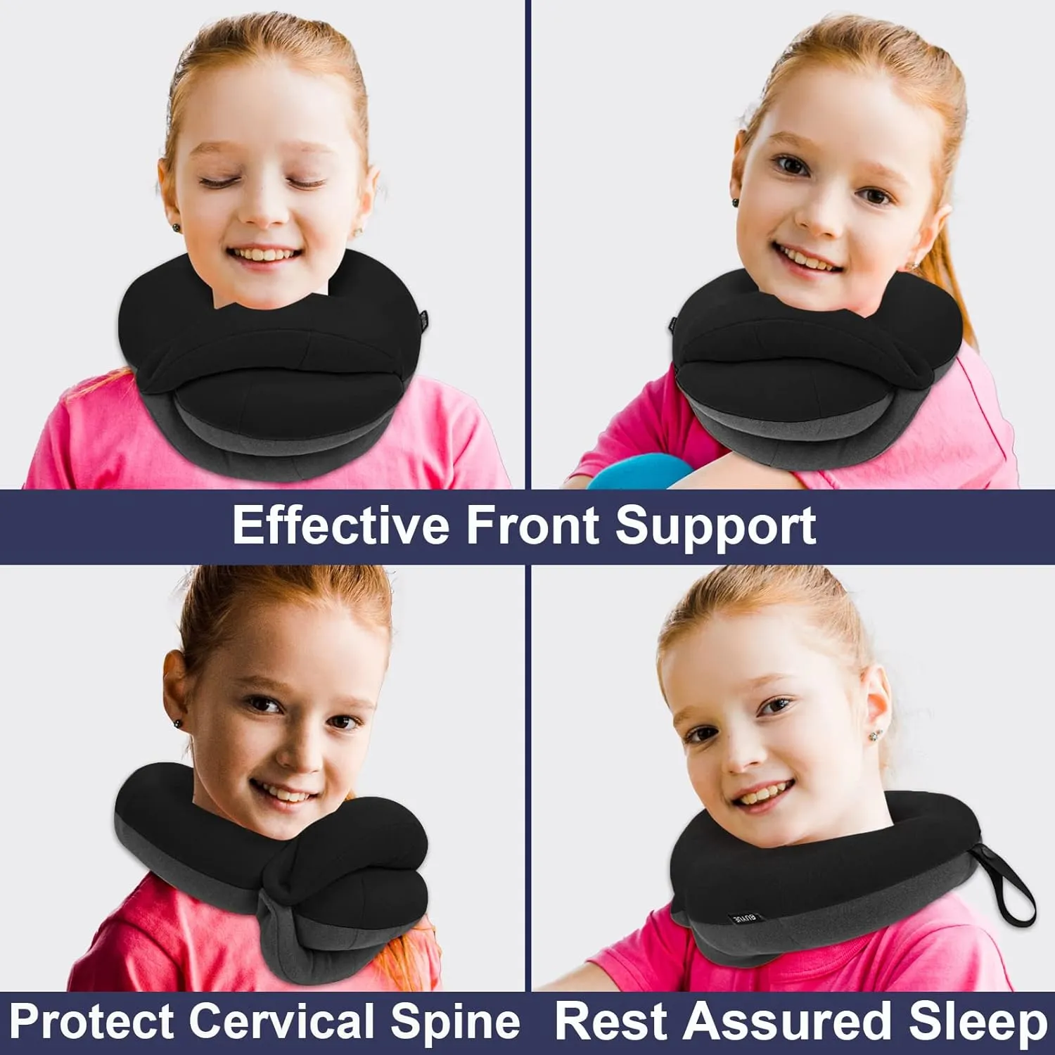 BUYUE Kids Travel Pillows for Airplane, 360° Head Support Sleeping Essentials for Boys Long Flight, Skin-Friendly Soft Neck Pillow for Traveling in Car Seat, (Small, Black Grey, 40-90 lbs)