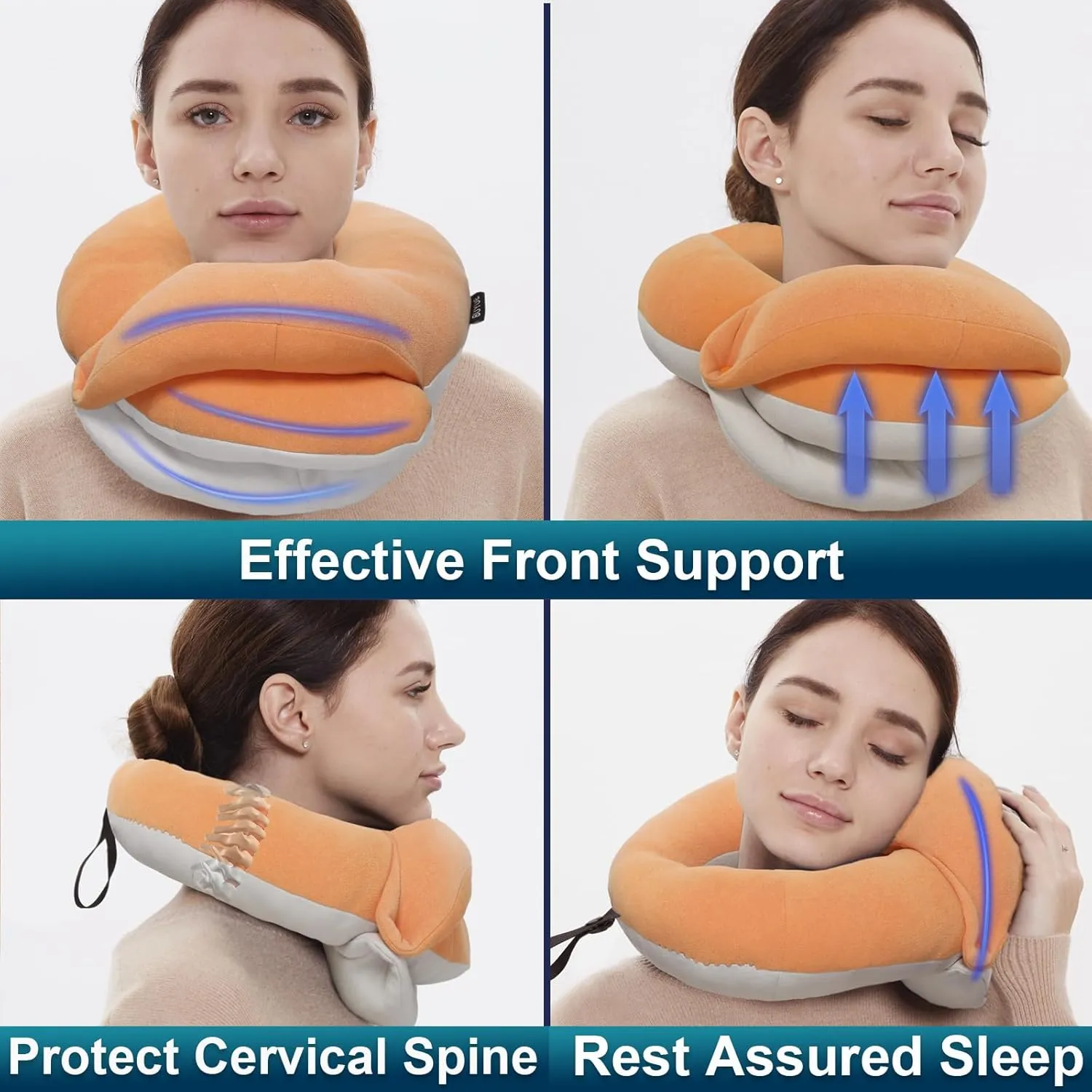 BUYUE Travel Neck Pillows for Airplanes, 360° Head Support Sleep for Long Flight, Skin-Friendly & Breathable, Kit with 3D Contoured Eye Mask, Earplugs and Storage Bag (Adult, Orange, 90  lbs)