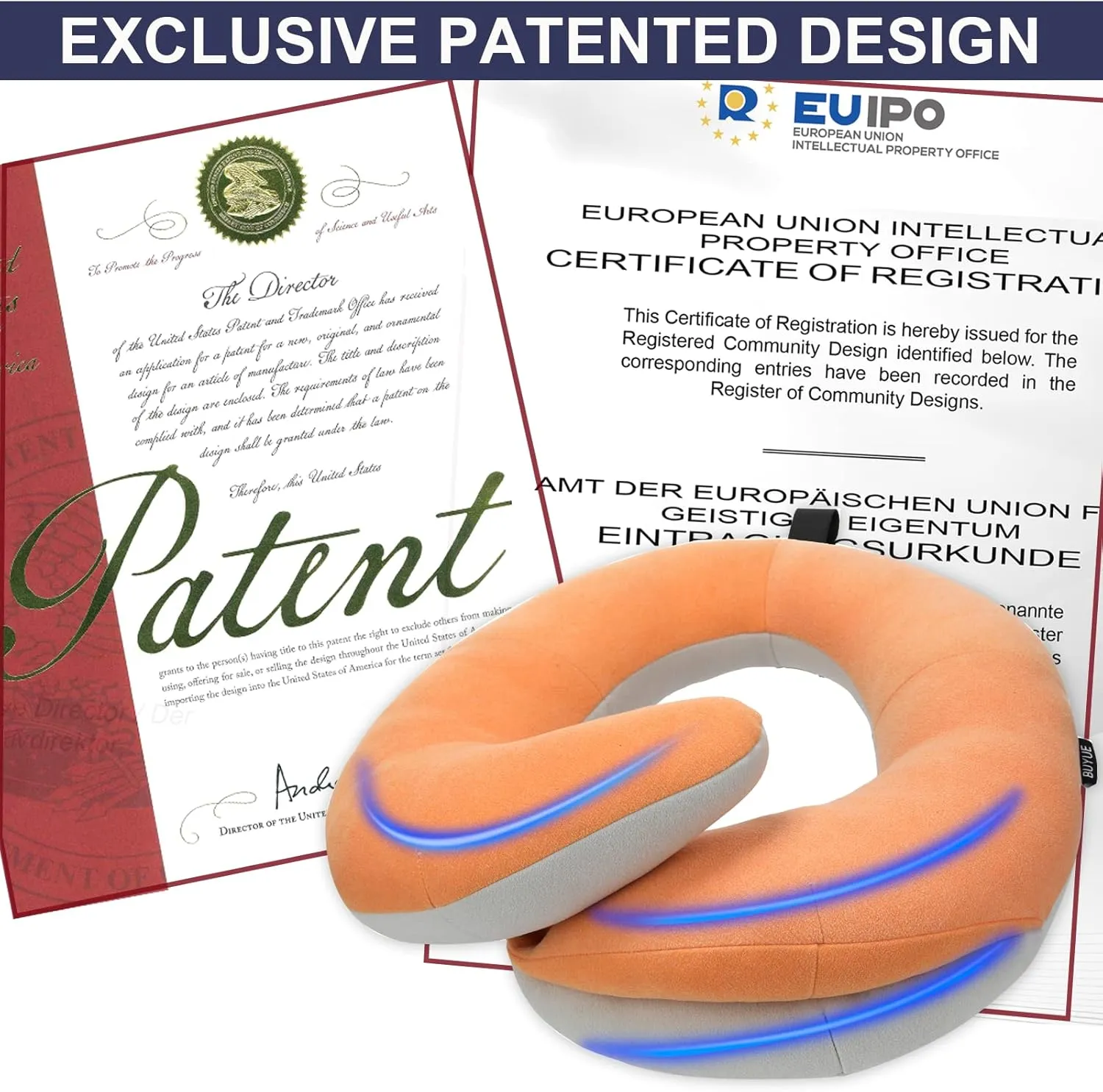 BUYUE Travel Neck Pillows for Airplanes, 360° Head Support Sleep for Long Flight, Skin-Friendly & Breathable, Kit with 3D Contoured Eye Mask, Earplugs and Storage Bag (Adult, Orange, 90  lbs)