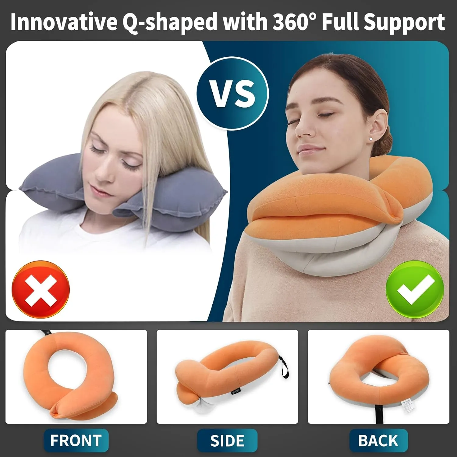 BUYUE Travel Neck Pillows for Airplanes, 360° Head Support Sleep for Long Flight, Skin-Friendly & Breathable, Kit with 3D Contoured Eye Mask, Earplugs and Storage Bag (Adult, Orange, 90  lbs)