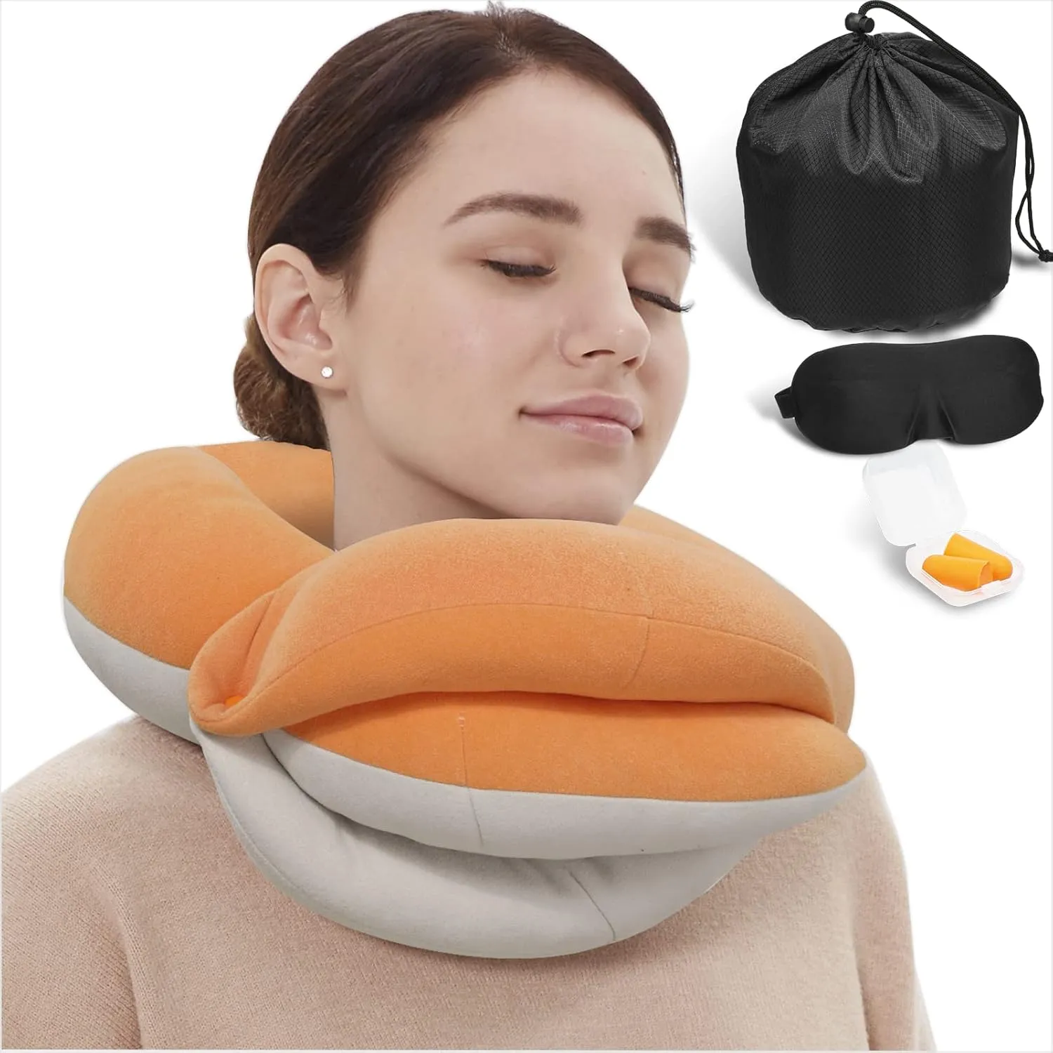 BUYUE Travel Neck Pillows for Airplanes, 360° Head Support Sleep for Long Flight, Skin-Friendly & Breathable, Kit with 3D Contoured Eye Mask, Earplugs and Storage Bag (Adult, Orange, 90  lbs)