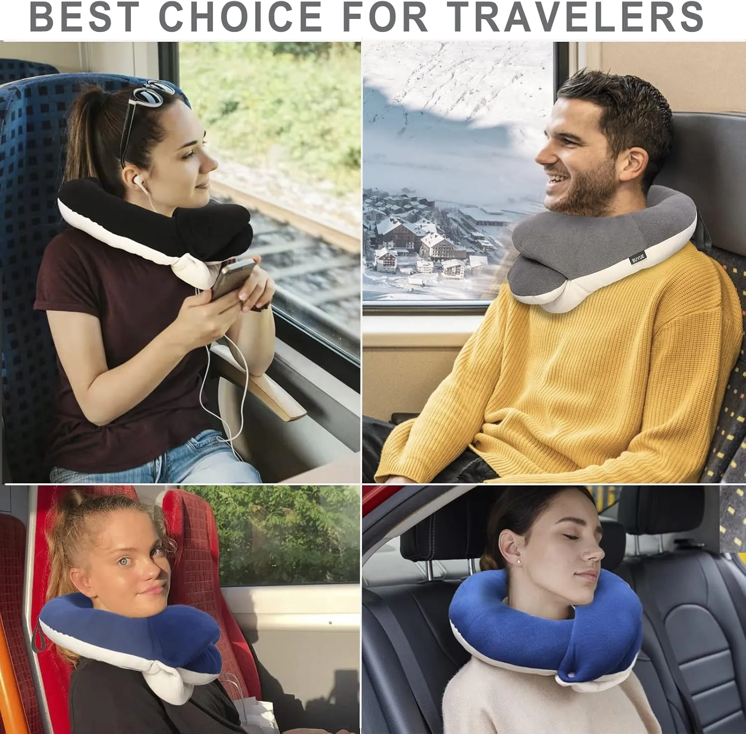 BUYUE Travel Neck Pillows for Airplanes, 360° Head Support Sleep for Long Flight, Skin-Friendly & Breathable, Kit with 3D Contoured Eye Mask, Earplugs and Storage Bag (Adult, Orange, 90  lbs)