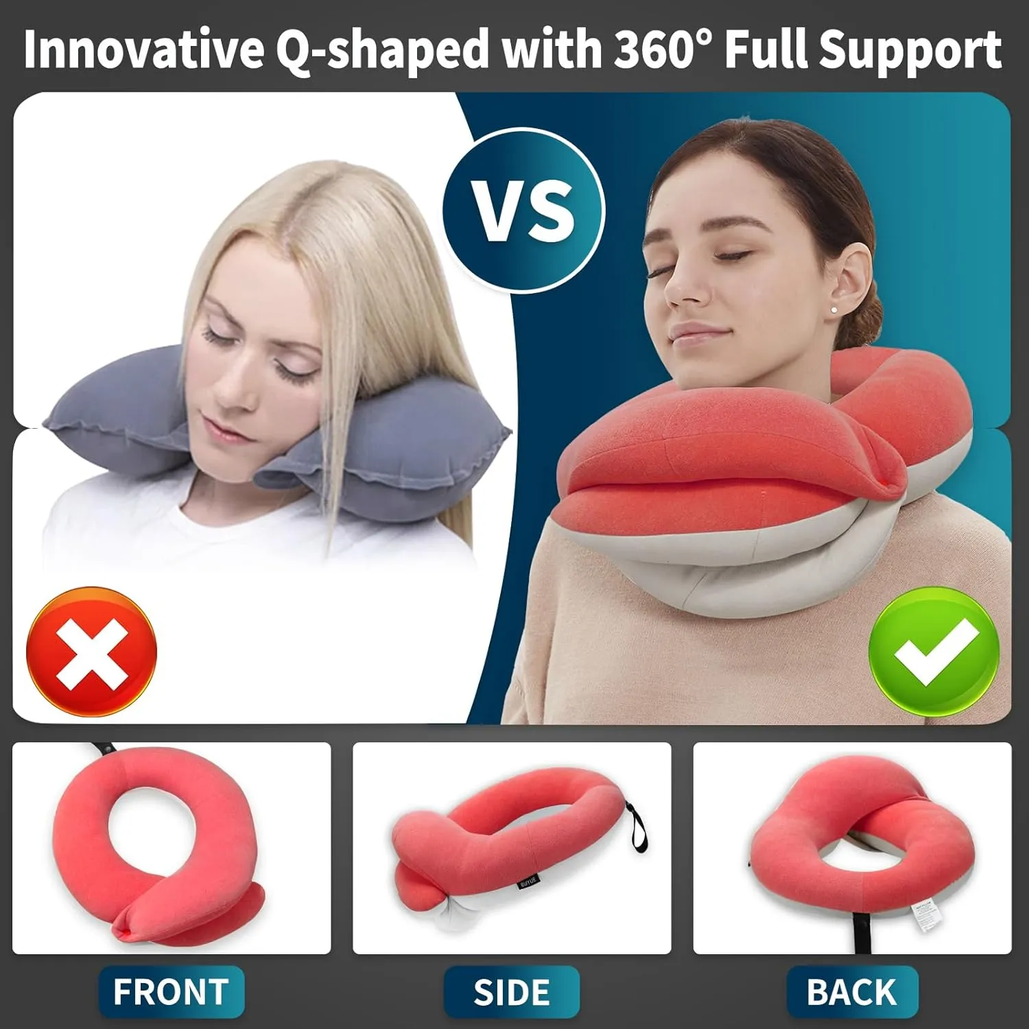 BUYUE Travel Neck Pillows for Airplanes, 360° Head Support Sleep for Long Flight, Skin-Friendly & Breathable, Kit with 3D Contoured Eye Mask, Earplugs and Storage Bag (Adult, Pink, 90  lbs)