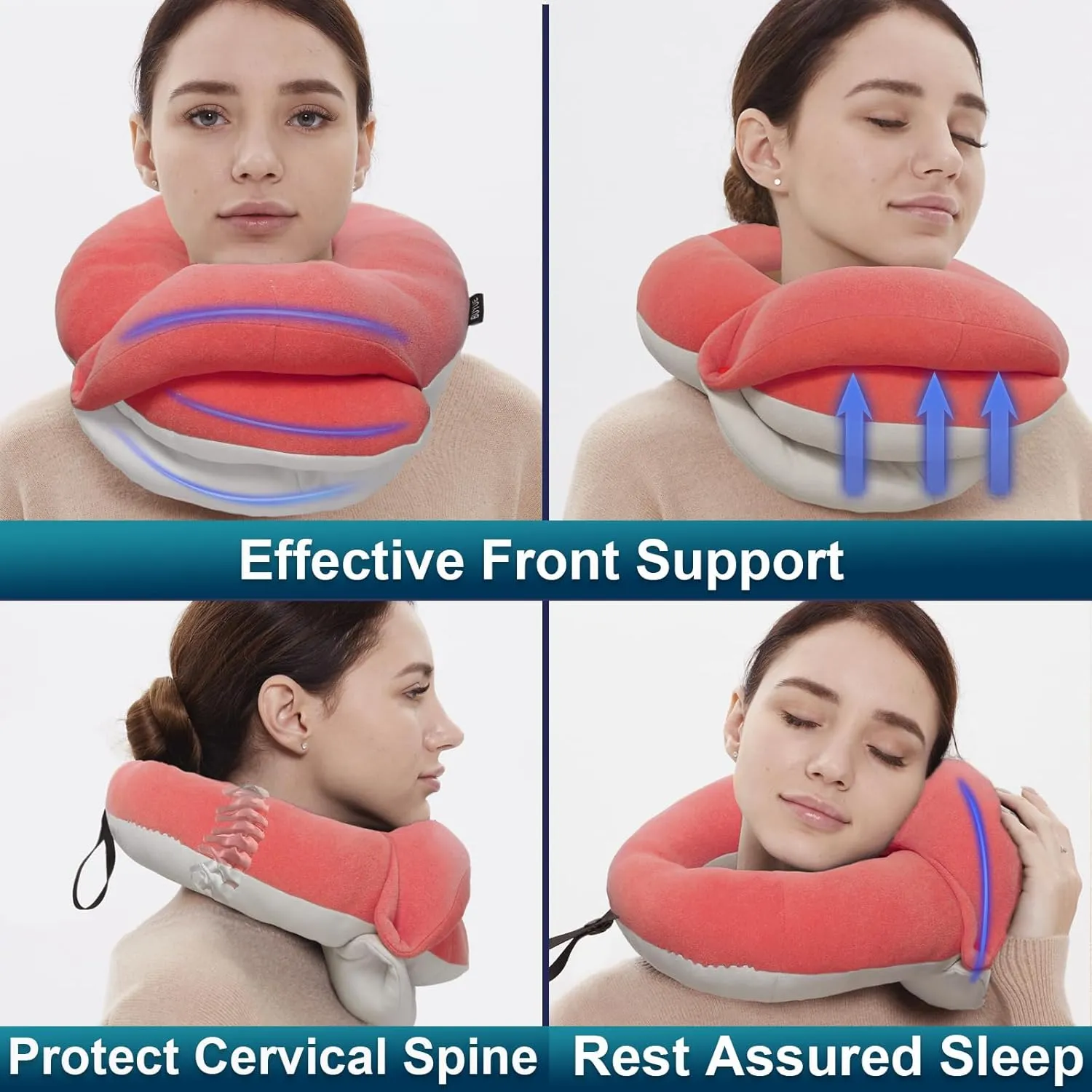 BUYUE Travel Neck Pillows for Airplanes, 360° Head Support Sleep for Long Flight, Skin-Friendly & Breathable, Kit with 3D Contoured Eye Mask, Earplugs and Storage Bag (Adult, Pink, 90  lbs)