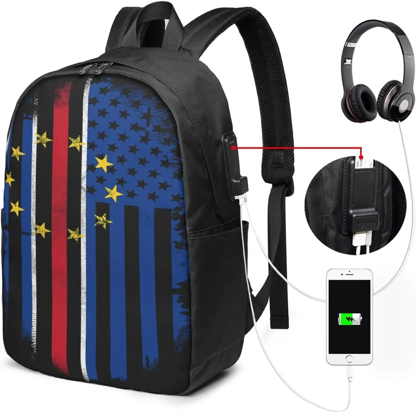 Cape Verdean American Flag Cabo Verde Backpack 17 Inch Laptop Backpacks Outdoor Travel Rucksack Work Business Daypack with USB Port Carry On Bag for Cycling Hiking