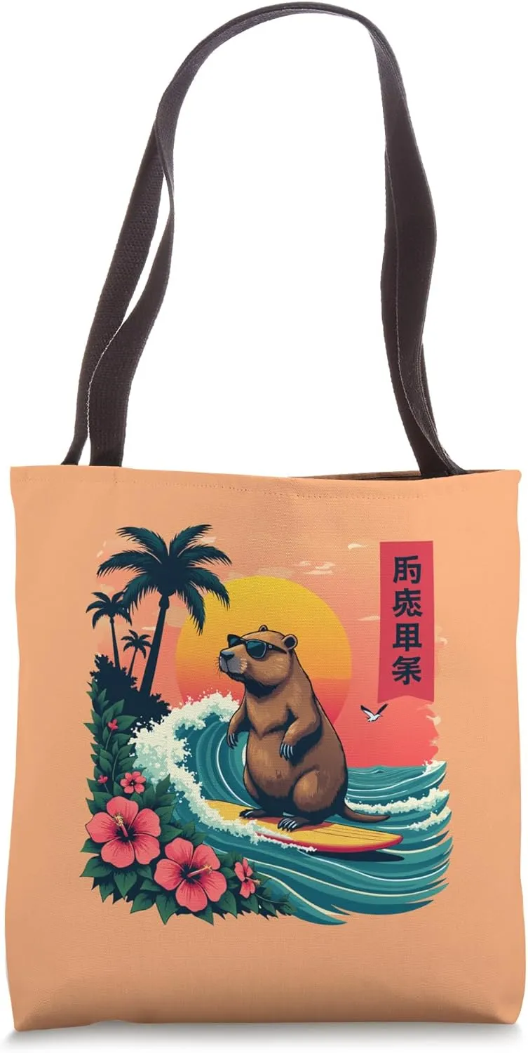 Capybara Riding Waves with Tropical Sunset capybara Surfing Tote Bag