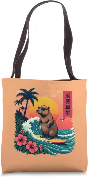 Capybara Riding Waves with Tropical Sunset capybara Surfing Tote Bag