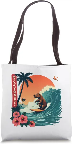 Capybara Riding Waves with Tropical Sunset capybara Surfing Tote Bag