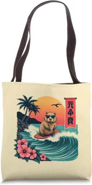 Capybara Riding Waves with Tropical Sunset capybara Surfing Tote Bag