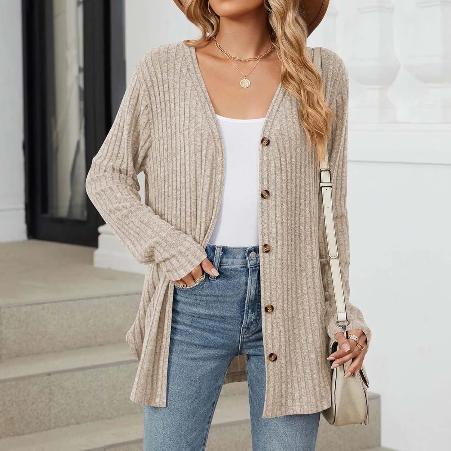 Cardigan Sweaters for Women Long Sleeve Open Front Cardigans Ribbed Chunky Knit Casual Outerwear Fall Clothes