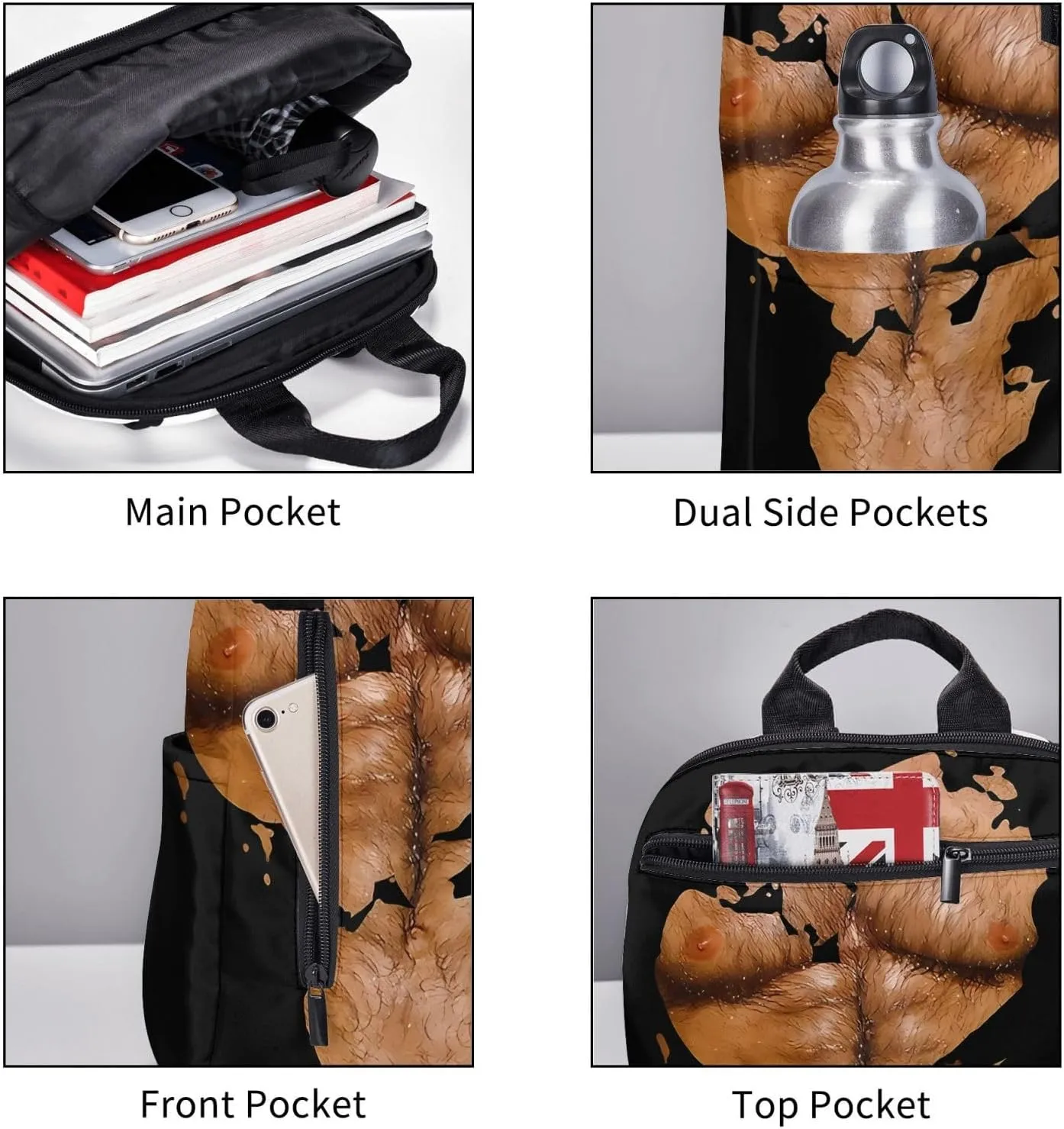 Chest Six Pack Abs Muscles Bodybuilder Hairy Chest Casual Backpacks Large Capacity Laptop Backpack Sports Rucksack Travel Daypack Adjustable Shoulder Strap Work Bag for Outdoor Camping