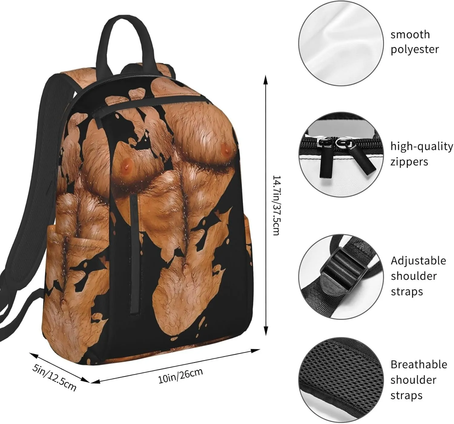 Chest Six Pack Abs Muscles Bodybuilder Hairy Chest Casual Backpacks Large Capacity Laptop Backpack Sports Rucksack Travel Daypack Adjustable Shoulder Strap Work Bag for Outdoor Camping