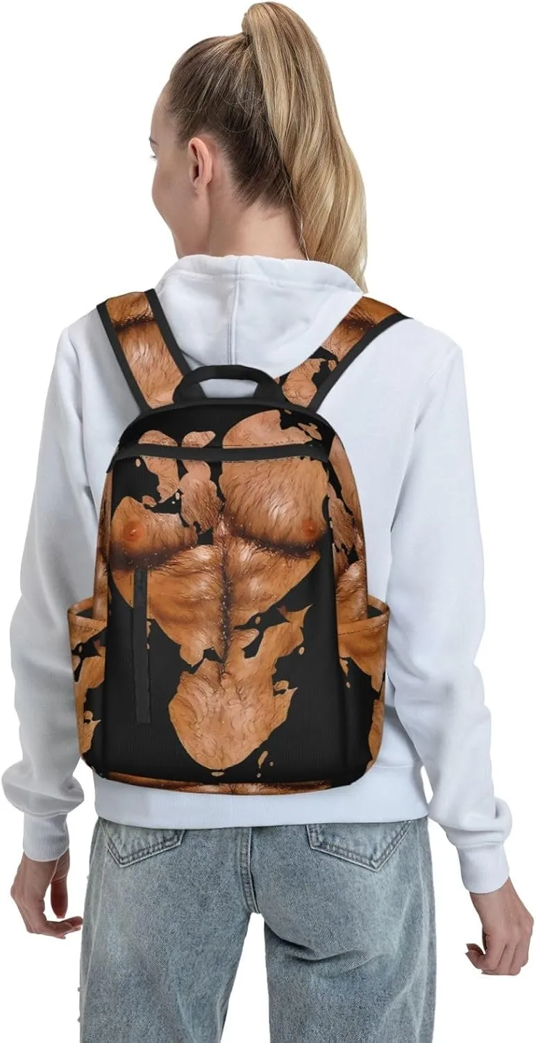 Chest Six Pack Abs Muscles Bodybuilder Hairy Chest Casual Backpacks Large Capacity Laptop Backpack Sports Rucksack Travel Daypack Adjustable Shoulder Strap Work Bag for Outdoor Camping