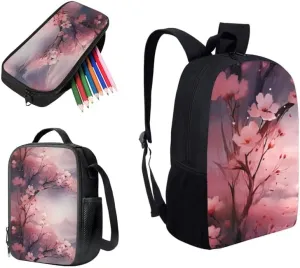Chinoiserie Peach Blossom Backpack Set 3 Pcs Bags with Pink Flower Hand Drawing Lunch Box and Pencil Case for School Sport Travel Boys Kids Teens