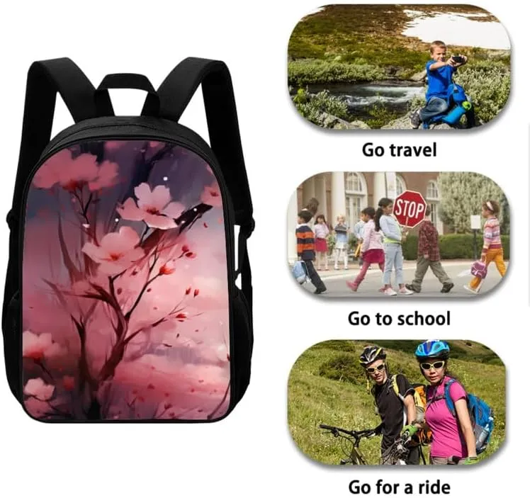 Chinoiserie Peach Blossom Backpack Set 3 Pcs Bags with Pink Flower Hand Drawing Lunch Box and Pencil Case for School Sport Travel Boys Kids Teens