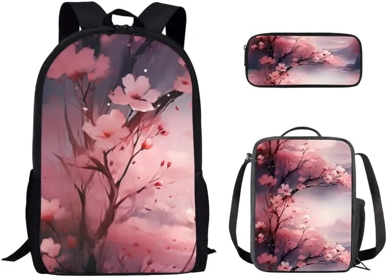 Chinoiserie Peach Blossom Backpack Set 3 Pcs Bags with Pink Flower Hand Drawing Lunch Box and Pencil Case for School Sport Travel Boys Kids Teens