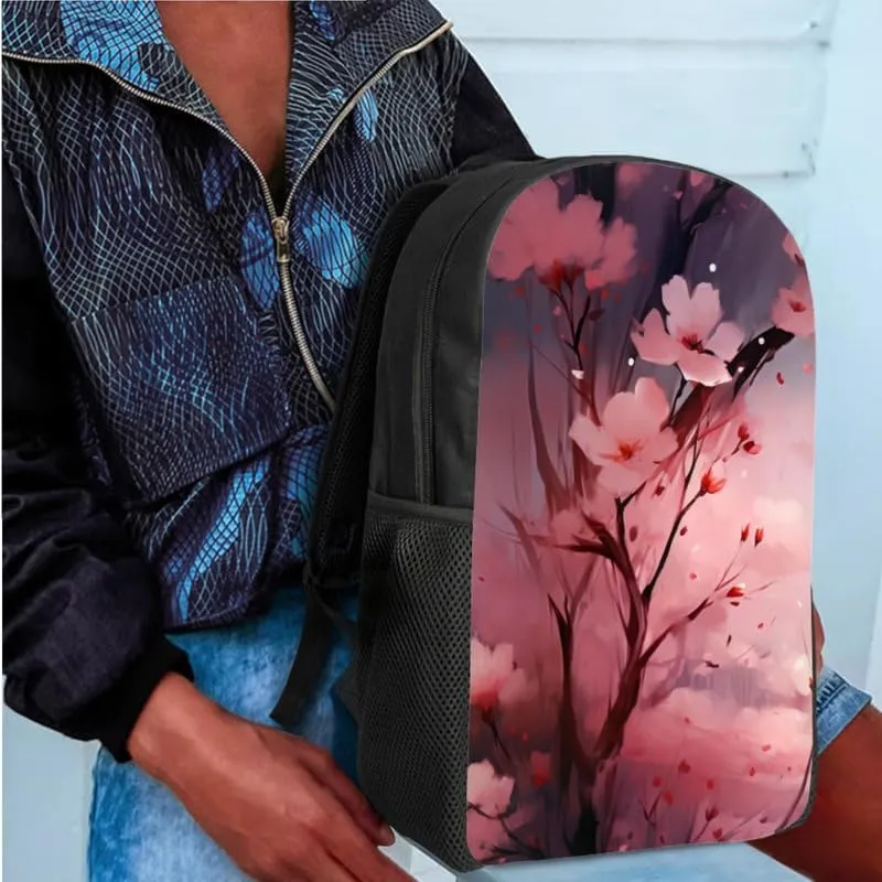 Chinoiserie Peach Blossom Backpack Set 3 Pcs Bags with Pink Flower Hand Drawing Lunch Box and Pencil Case for School Sport Travel Boys Kids Teens