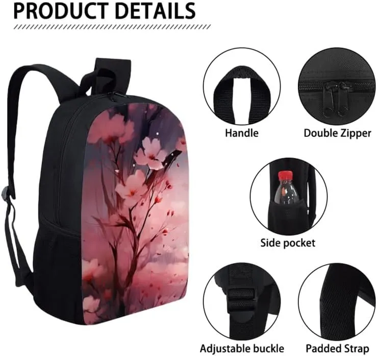 Chinoiserie Peach Blossom Backpack Set 3 Pcs Bags with Pink Flower Hand Drawing Lunch Box and Pencil Case for School Sport Travel Boys Kids Teens