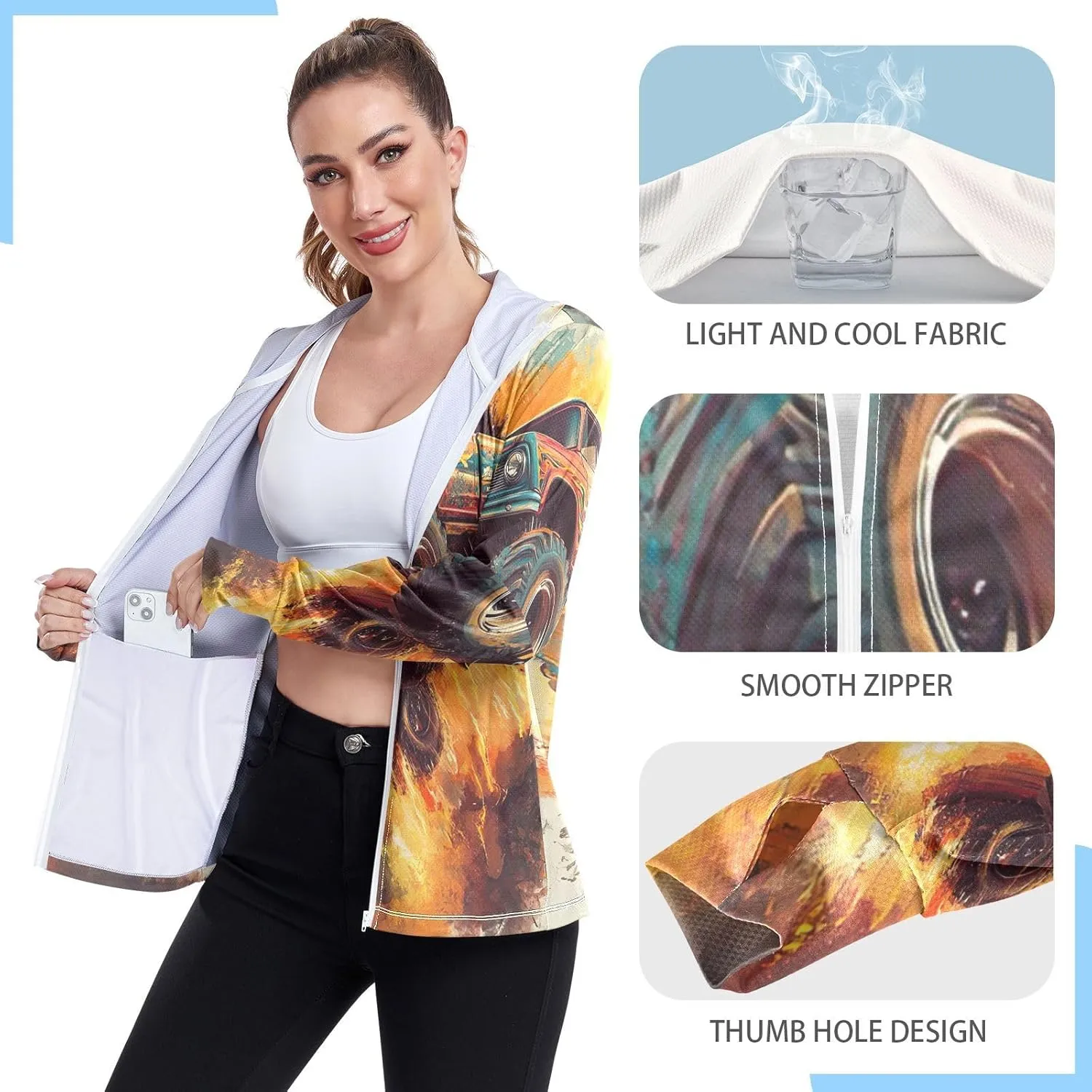 Classic Monster Truck Sun Protection Shirts for Women, Upf 50  Golf Jacket Women, S-XXL