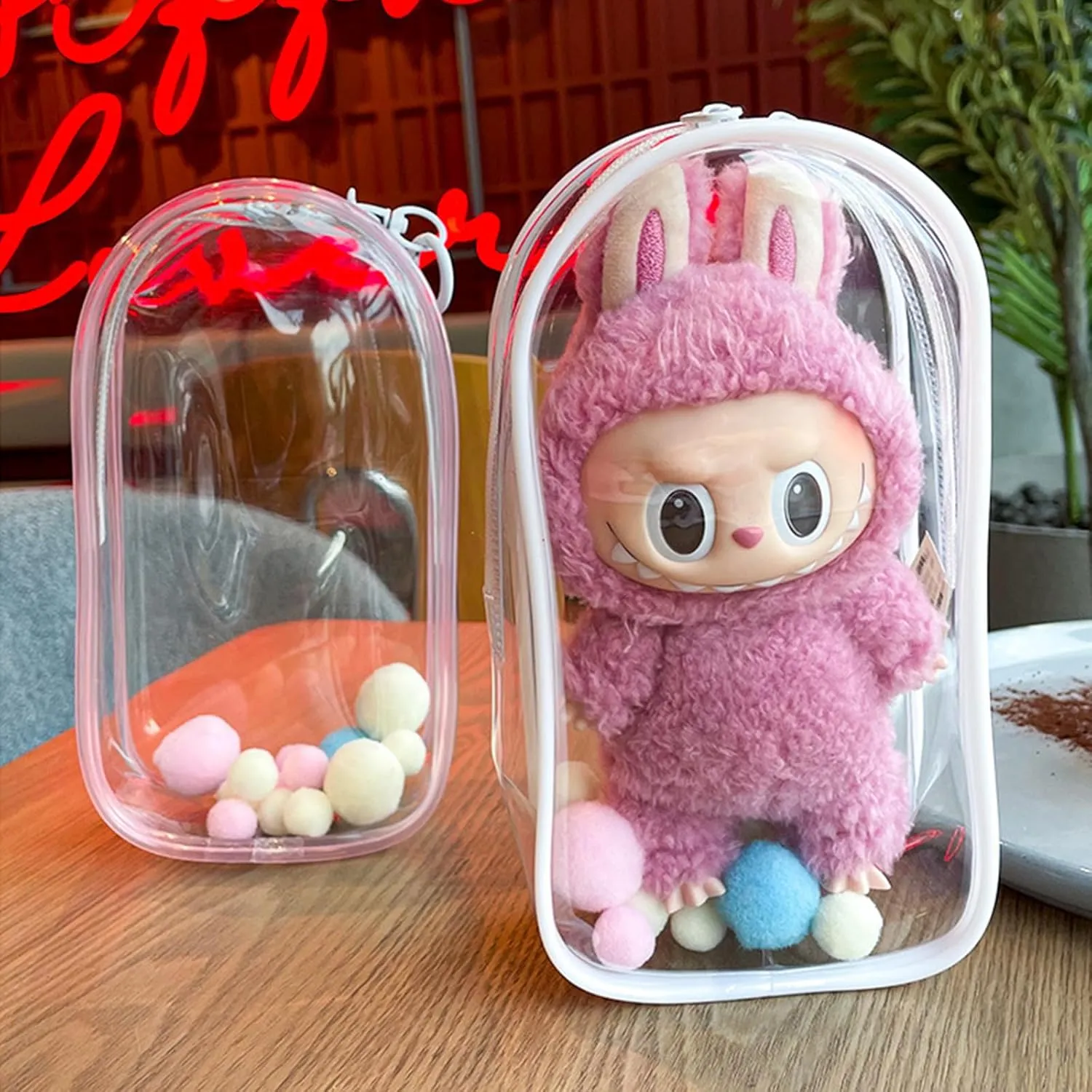 Clear Bag Keychain for LABUBU Plush Doll,Hanging Display Case,Protective Case,Plastic PVC Storage Box (Clear Bag)