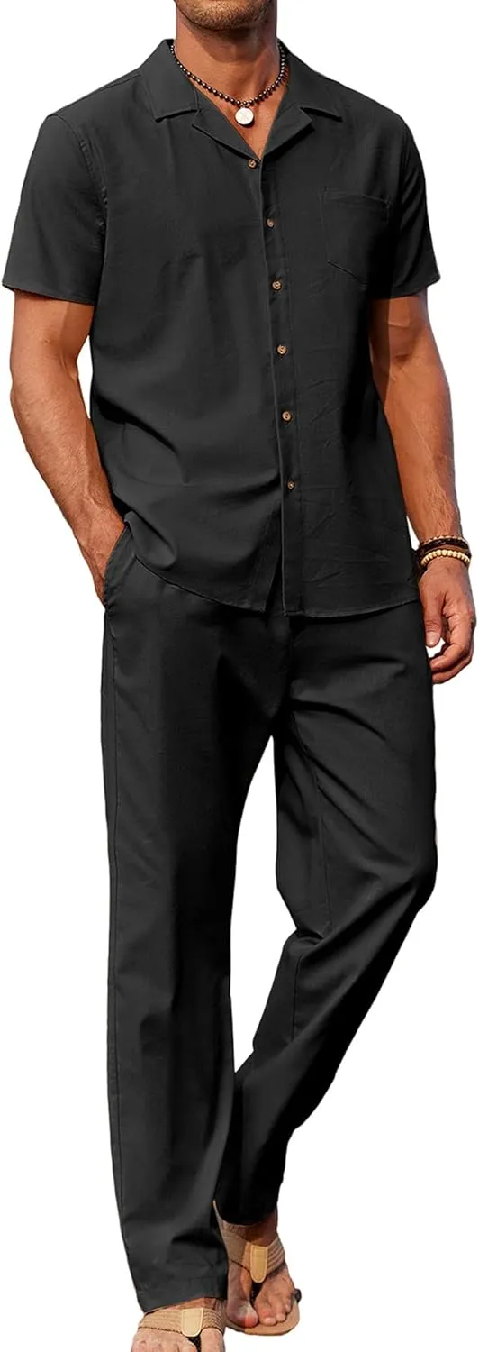 COOFANDY Men 2 Piece Linen Outfit Beach Button Down Shirt Casual Loose Pant Sets