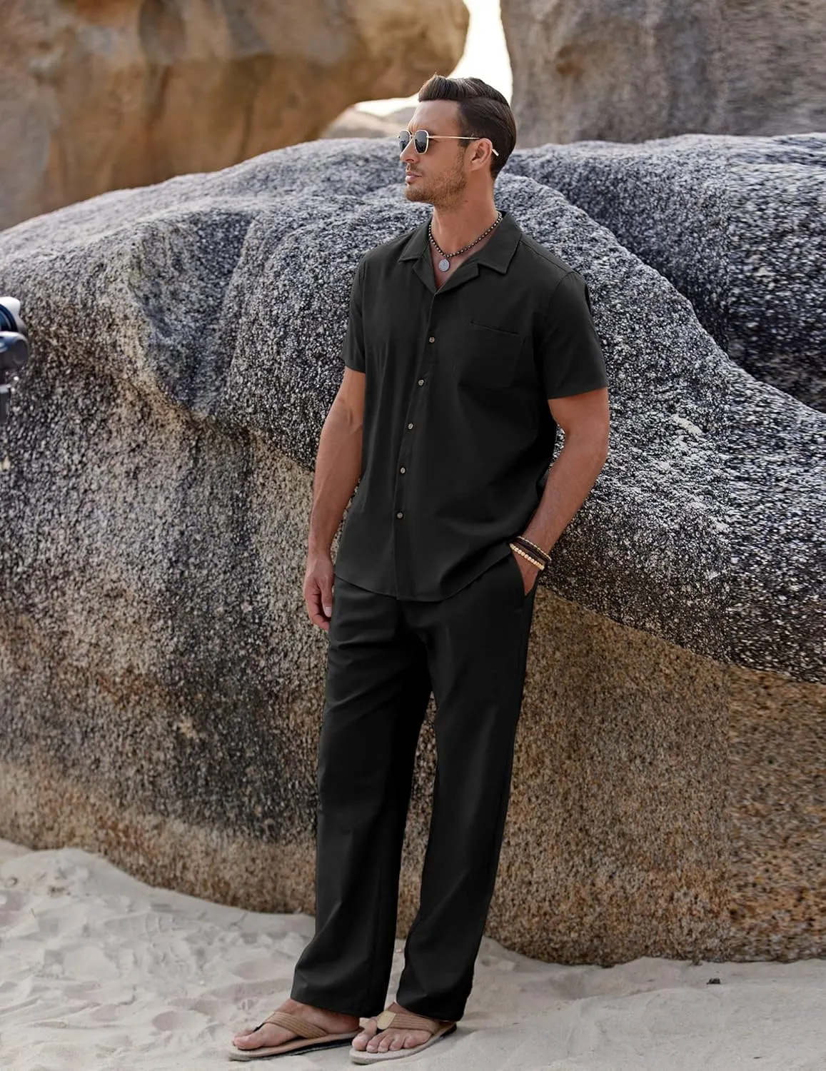 COOFANDY Men 2 Piece Linen Outfit Beach Button Down Shirt Casual Loose Pant Sets