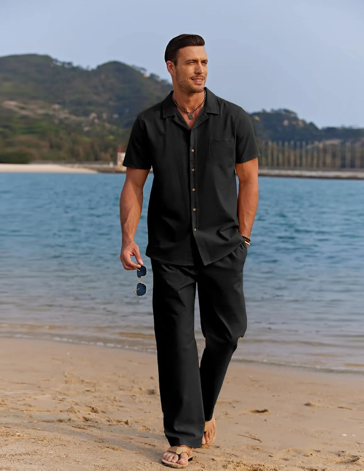 COOFANDY Men 2 Piece Linen Outfit Beach Button Down Shirt Casual Loose Pant Sets
