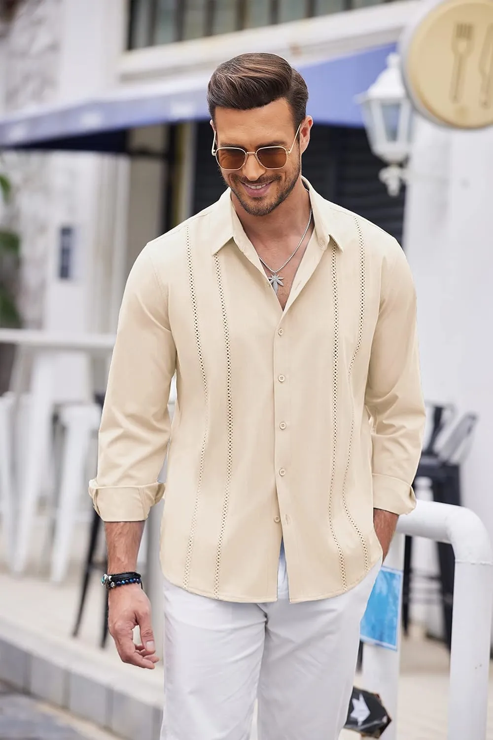 COOFANDY Mens Cuban Guayabera Shirt Casual Button Down Shirts Long Sleeve Summer Beach Shirts