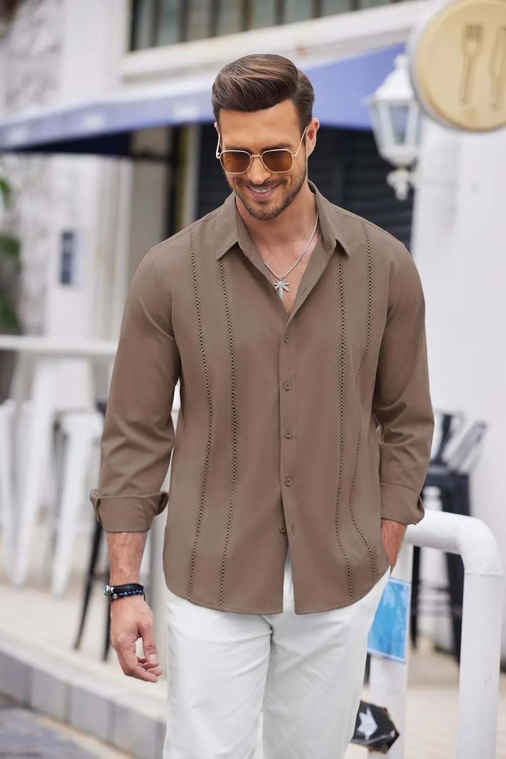 COOFANDY Mens Cuban Guayabera Shirt Casual Button Down Shirts Long Sleeve Summer Beach Shirts