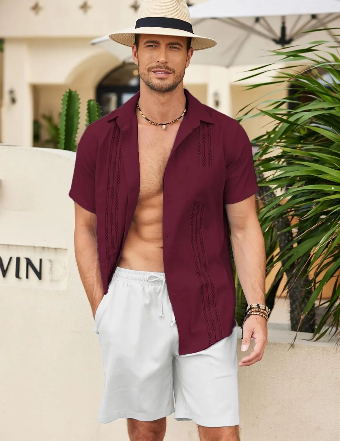 COOFANDY Mens Cuban Guayabera Shirt Short Sleeve Linen Button Down Shirts Casual Summer Beach Tops