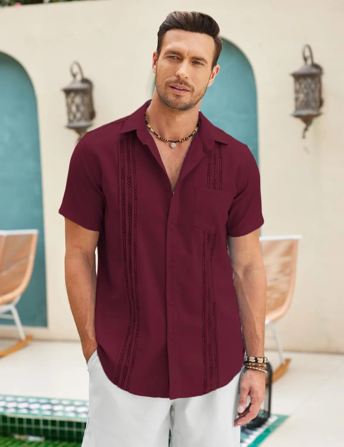 COOFANDY Mens Cuban Guayabera Shirt Short Sleeve Linen Button Down Shirts Casual Summer Beach Tops