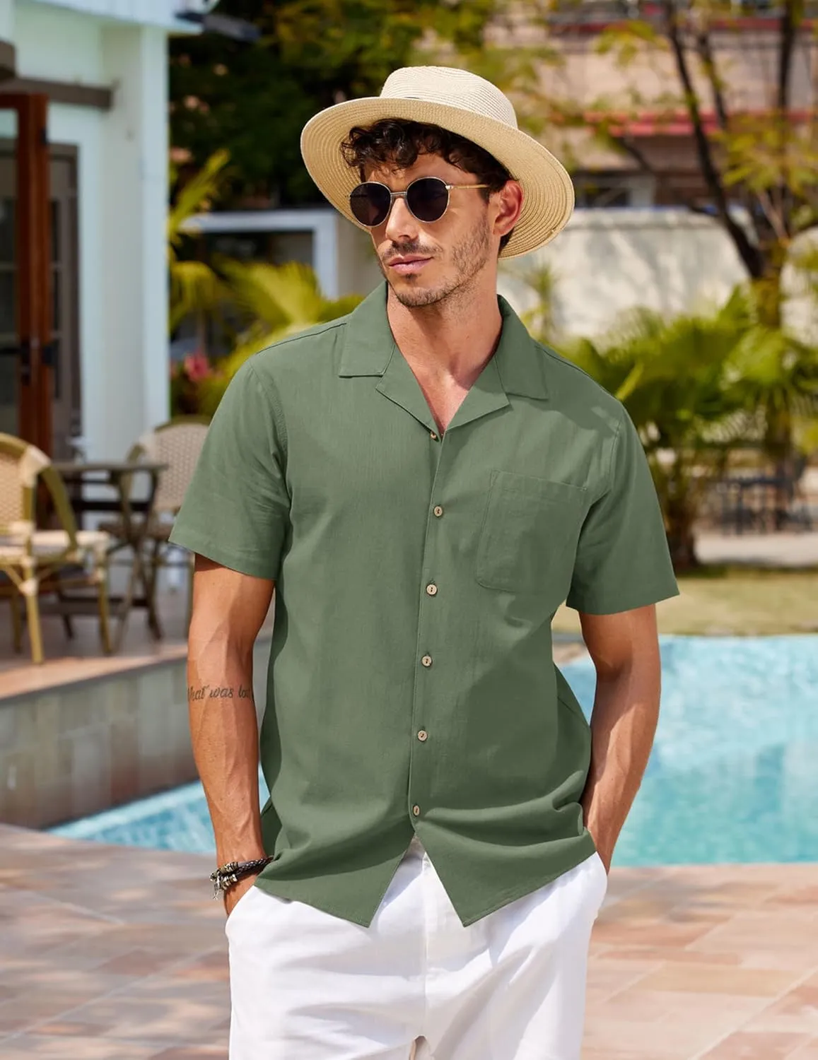 COOFANDY Men's Hawaiian Floral Shirts Cotton Linen Button Down Tropical Holiday Beach Shirts
