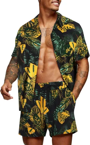 COOFANDY Men's Hawaiian Matching Set Summer Beach 2 Piece Outfits Flower Button Down Shirts and Shorts Vacation Outfits