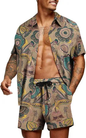 COOFANDY Men's Hawaiian Matching Set Summer Beach 2 Piece Outfits Flower Button Down Shirts and Shorts Vacation Outfits